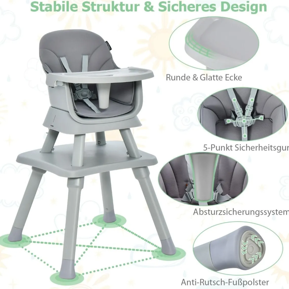 6-in-1 Babyhochstuhl Hochstuhl & Essstuhl & Lerntisch & Bausteintisch & Kindersitzgruppe Grau