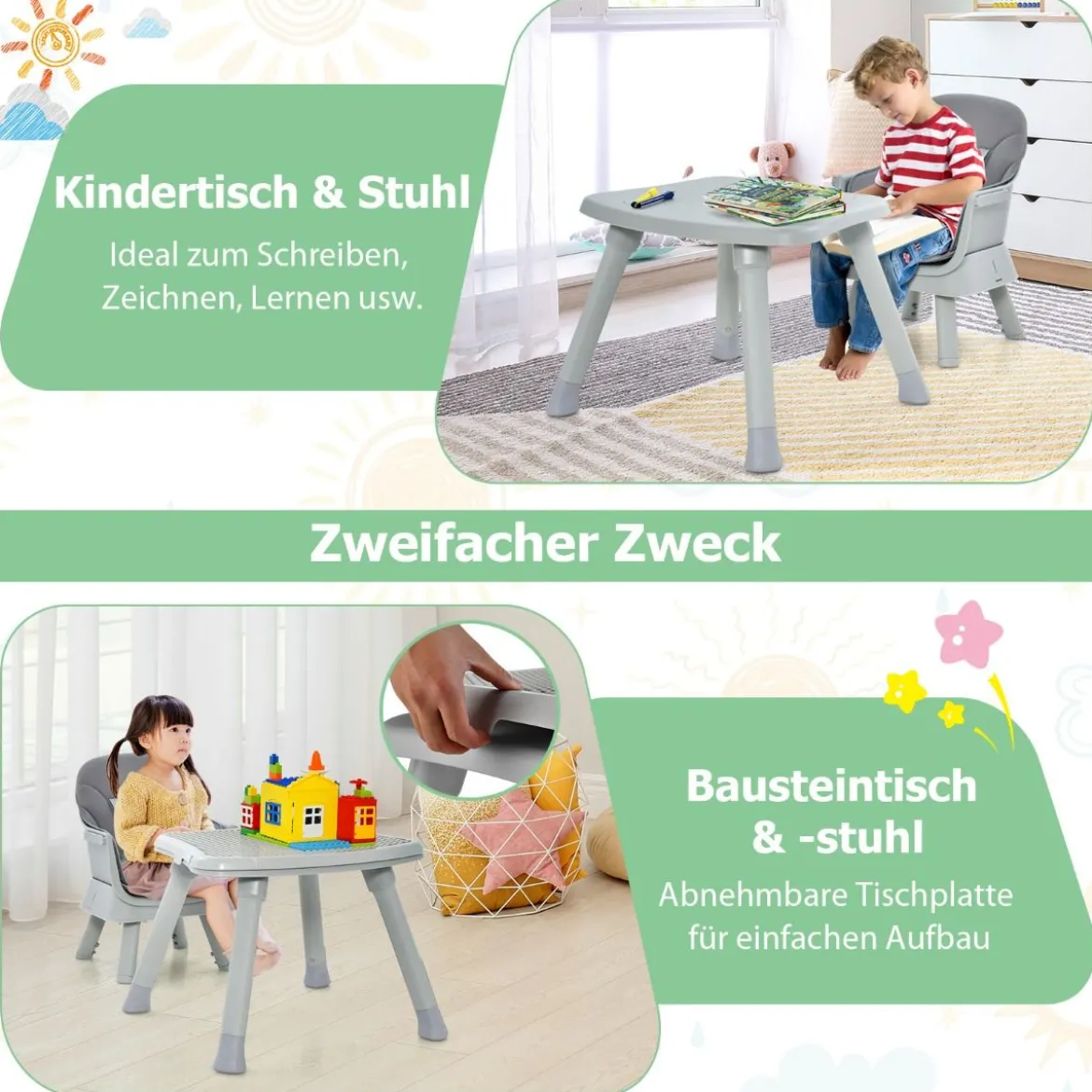6-in-1 Babyhochstuhl Hochstuhl & Essstuhl & Lerntisch & Bausteintisch & Kindersitzgruppe Grau