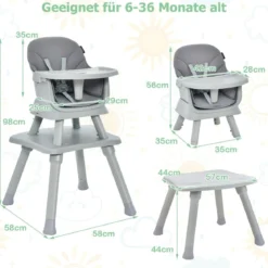 6-in-1 Babyhochstuhl Hochstuhl & Essstuhl & Lerntisch & Bausteintisch & Kindersitzgruppe Grau