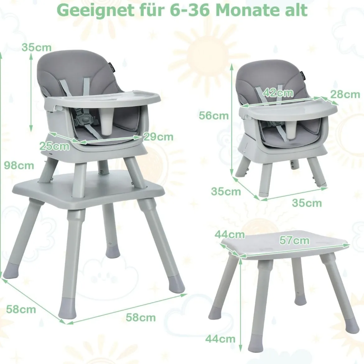 6-in-1 Babyhochstuhl Hochstuhl & Essstuhl & Lerntisch & Bausteintisch & Kindersitzgruppe Grau
