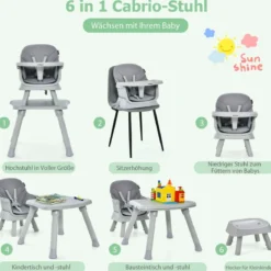 6-in-1 Babyhochstuhl Hochstuhl & Essstuhl & Lerntisch & Bausteintisch & Kindersitzgruppe Grau
