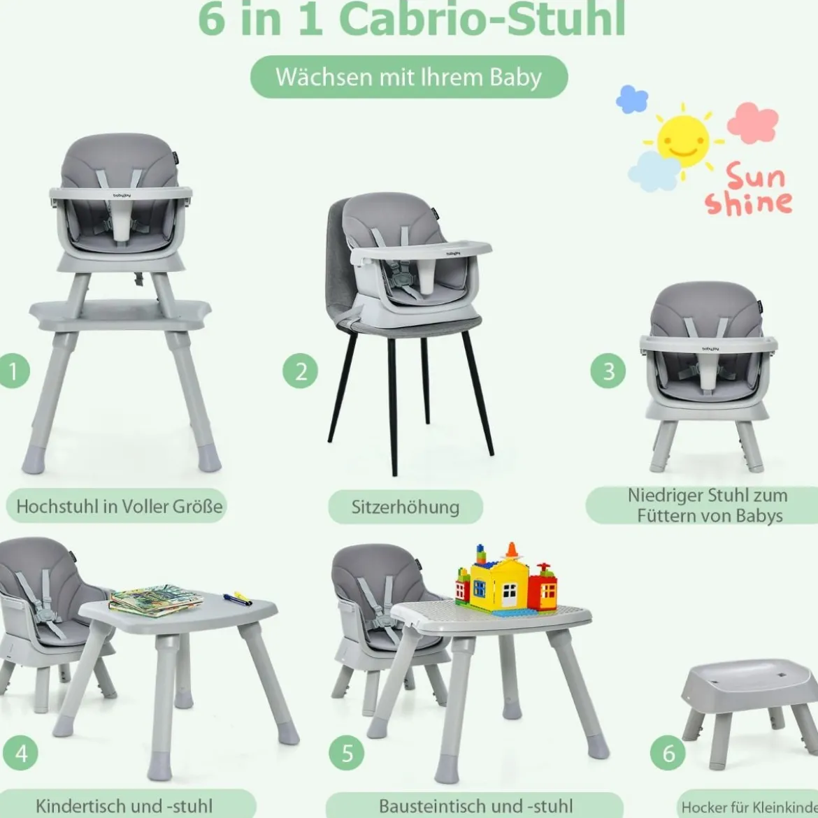 6-in-1 Babyhochstuhl Hochstuhl & Essstuhl & Lerntisch & Bausteintisch & Kindersitzgruppe Grau