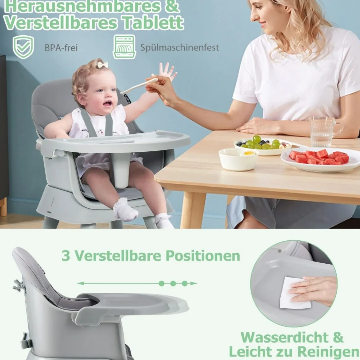 6-in-1 Babyhochstuhl Hochstuhl & Essstuhl & Lerntisch & Bausteintisch & Kindersitzgruppe Grau