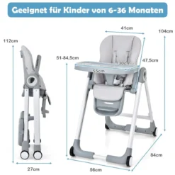 4 in 1 Baby Hochstuhl Kinderhochstuhl klappbar Babystuhl mit Liegefunktion 84 x 56 x 104 cm Grau