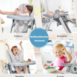 4 in 1 Baby Hochstuhl Kinderhochstuhl klappbar Babystuhl mit Liegefunktion 84 x 56 x 104 cm Grau