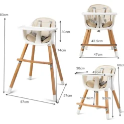 2-in-1 Babyhochstuhl Kinderhochstuhl aus Holz einstellbar 57 x 57 x 83 cm Cremeweiß + Natur