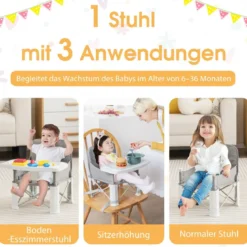3 in 1 Babyhochstuhl Klappbar Hochstuhl & Essstuhl & Sitzerhöhung Weiß + Grau
