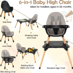 6 in 1 Baby Hochstuhl mit Bausteintisch & Abnehmbarem Doppeltablett Kinderhochstuhl Schwarz