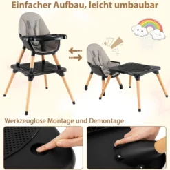 6 in 1 Baby Hochstuhl mit Bausteintisch & Abnehmbarem Doppeltablett Kinderhochstuhl Schwarz