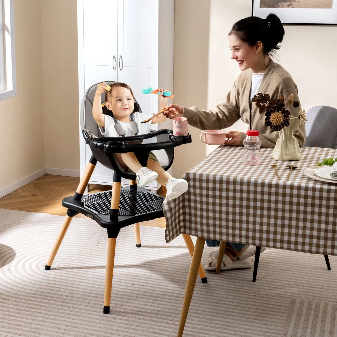 6 in 1 Baby Hochstuhl mit Bausteintisch & Abnehmbarem Doppeltablett Kinderhochstuhl Schwarz