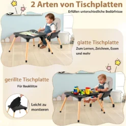 6 in 1 Baby Hochstuhl mit Bausteintisch & Abnehmbarem Doppeltablett Kinderhochstuhl Schwarz