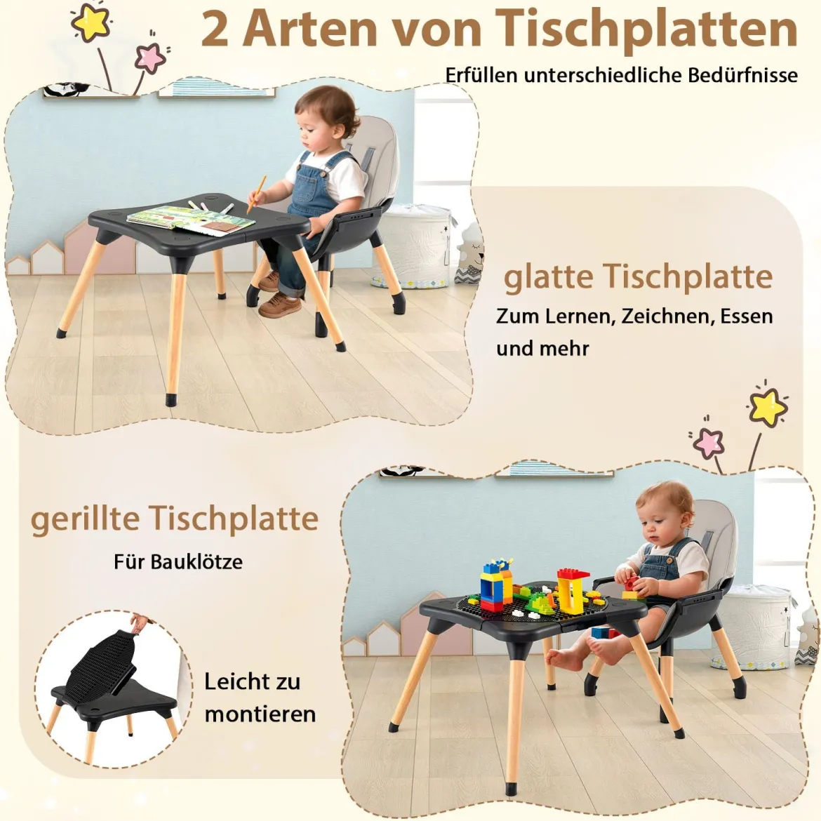 6 in 1 Baby Hochstuhl mit Bausteintisch & Abnehmbarem Doppeltablett Kinderhochstuhl Schwarz