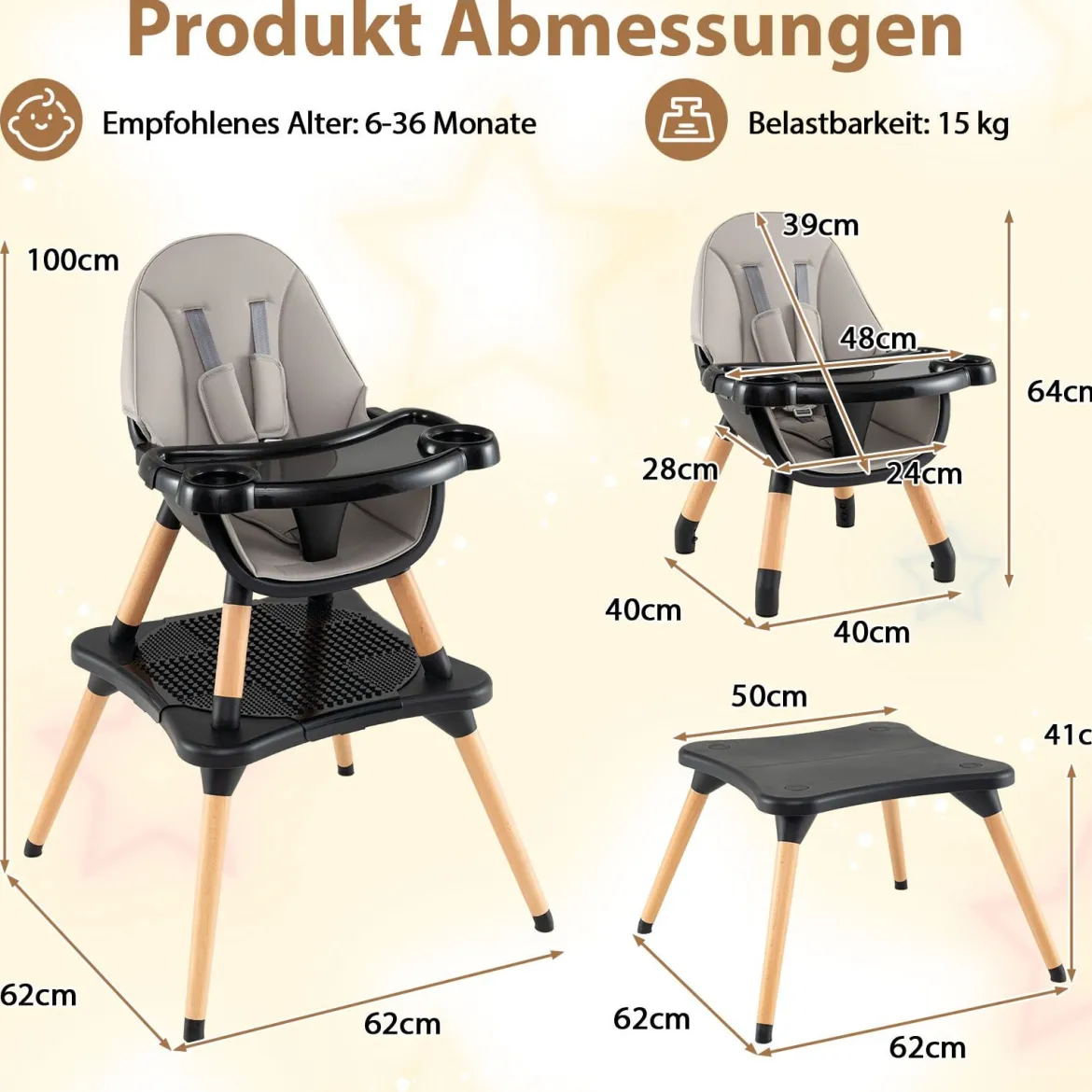 6 in 1 Baby Hochstuhl mit Bausteintisch & Abnehmbarem Doppeltablett Kinderhochstuhl Schwarz