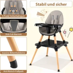 6 in 1 Baby Hochstuhl mit Bausteintisch & Abnehmbarem Doppeltablett Kinderhochstuhl Schwarz