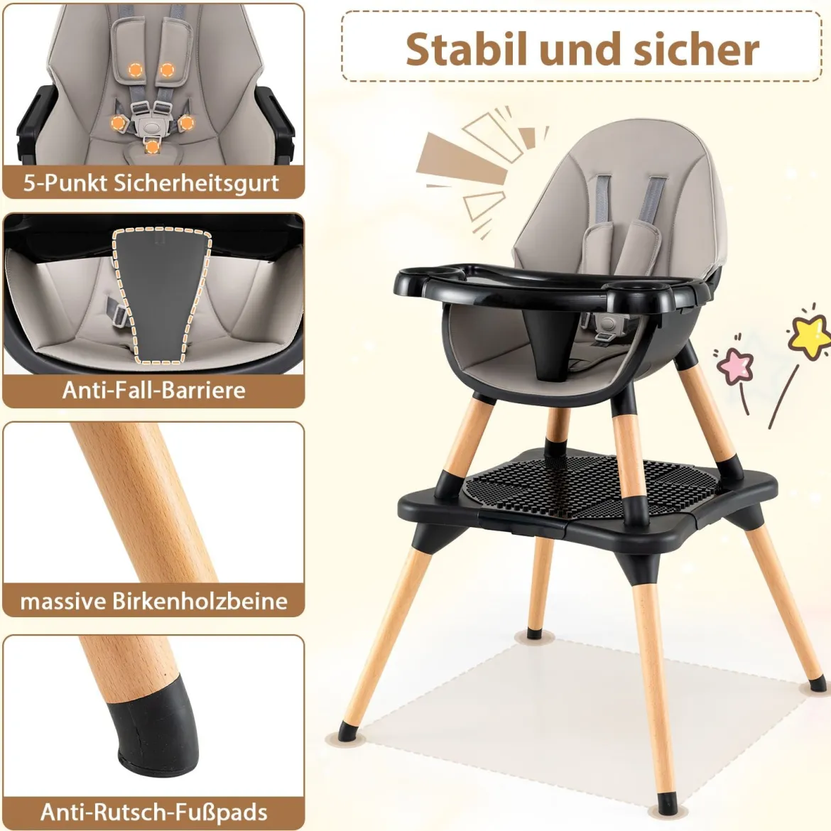 6 in 1 Baby Hochstuhl mit Bausteintisch & Abnehmbarem Doppeltablett Kinderhochstuhl Schwarz