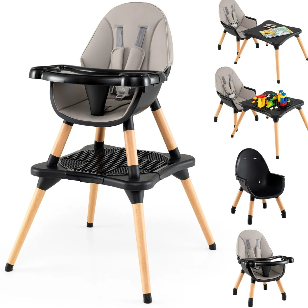 6 in 1 Baby Hochstuhl mit Bausteintisch & Abnehmbarem Doppeltablett Kinderhochstuhl Schwarz