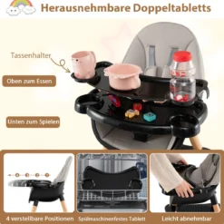 6 in 1 Baby Hochstuhl mit Bausteintisch & Abnehmbarem Doppeltablett Kinderhochstuhl Schwarz