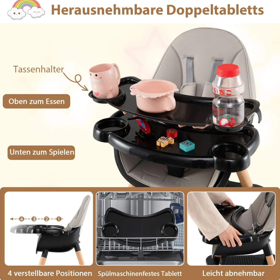 6 in 1 Baby Hochstuhl mit Bausteintisch & Abnehmbarem Doppeltablett Kinderhochstuhl Schwarz
