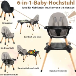 6 in 1 Baby Hochstuhl mit Bausteintisch & Abnehmbarem Doppeltablett Kinderhochstuhl Schwarz