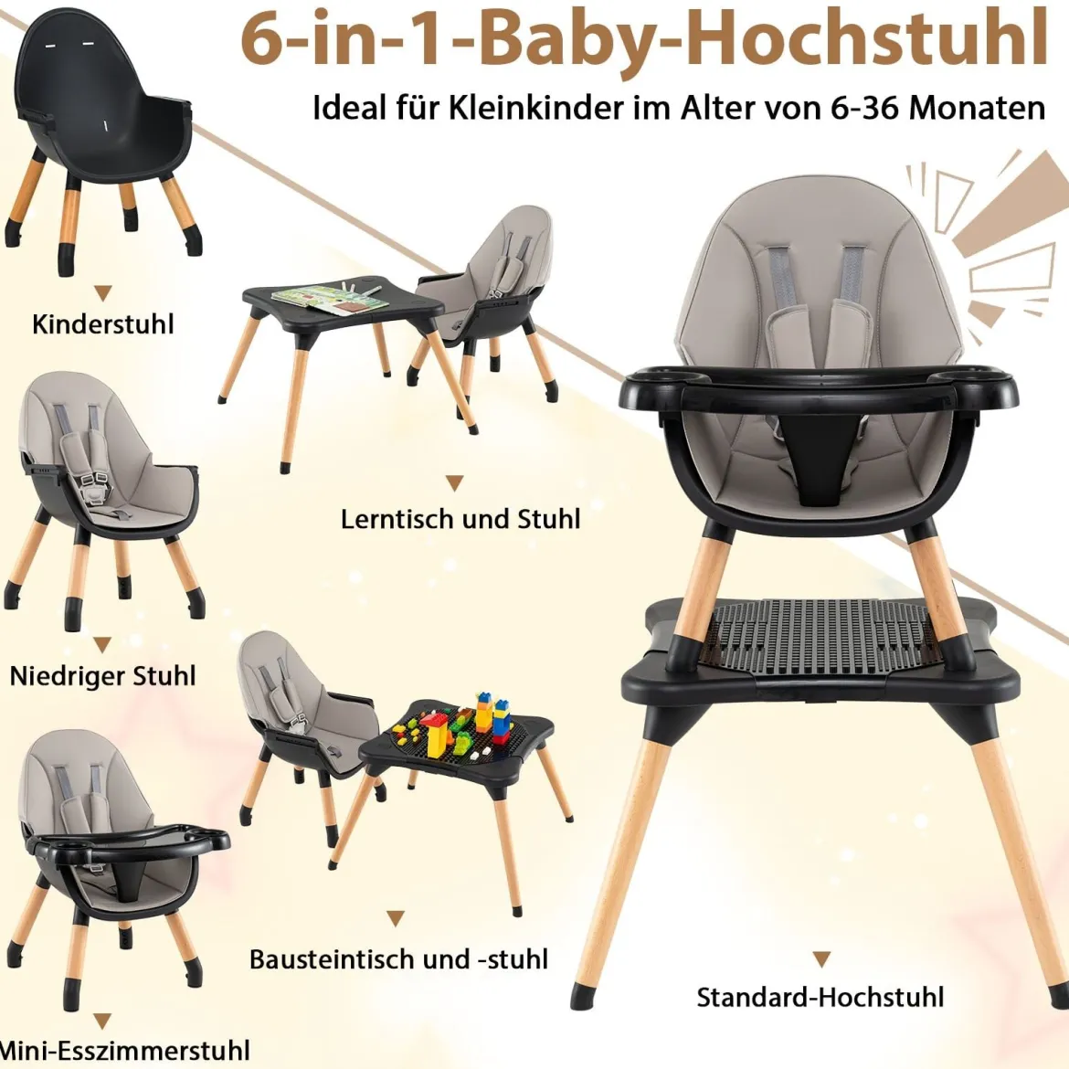 6 in 1 Baby Hochstuhl mit Bausteintisch & Abnehmbarem Doppeltablett Kinderhochstuhl Schwarz