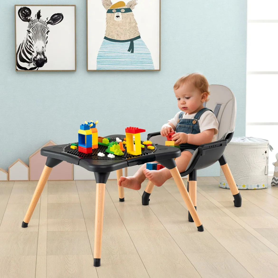 6 in 1 Baby Hochstuhl mit Bausteintisch & Abnehmbarem Doppeltablett Kinderhochstuhl Schwarz