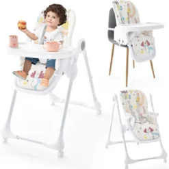 3-in-1-Babyhochstuhl mit 5-fach verstellbarer Fußstütze 3-fach verstellbarer Rückenlehne & 4 Universalrädern Beige