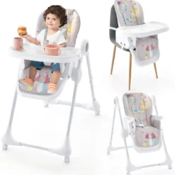 3-in-1-Babyhochstuhl mit 5-fach verstellbarer Fußstütze 3-fach verstellbarer Rückenlehne & 4 Universalrädern Grau