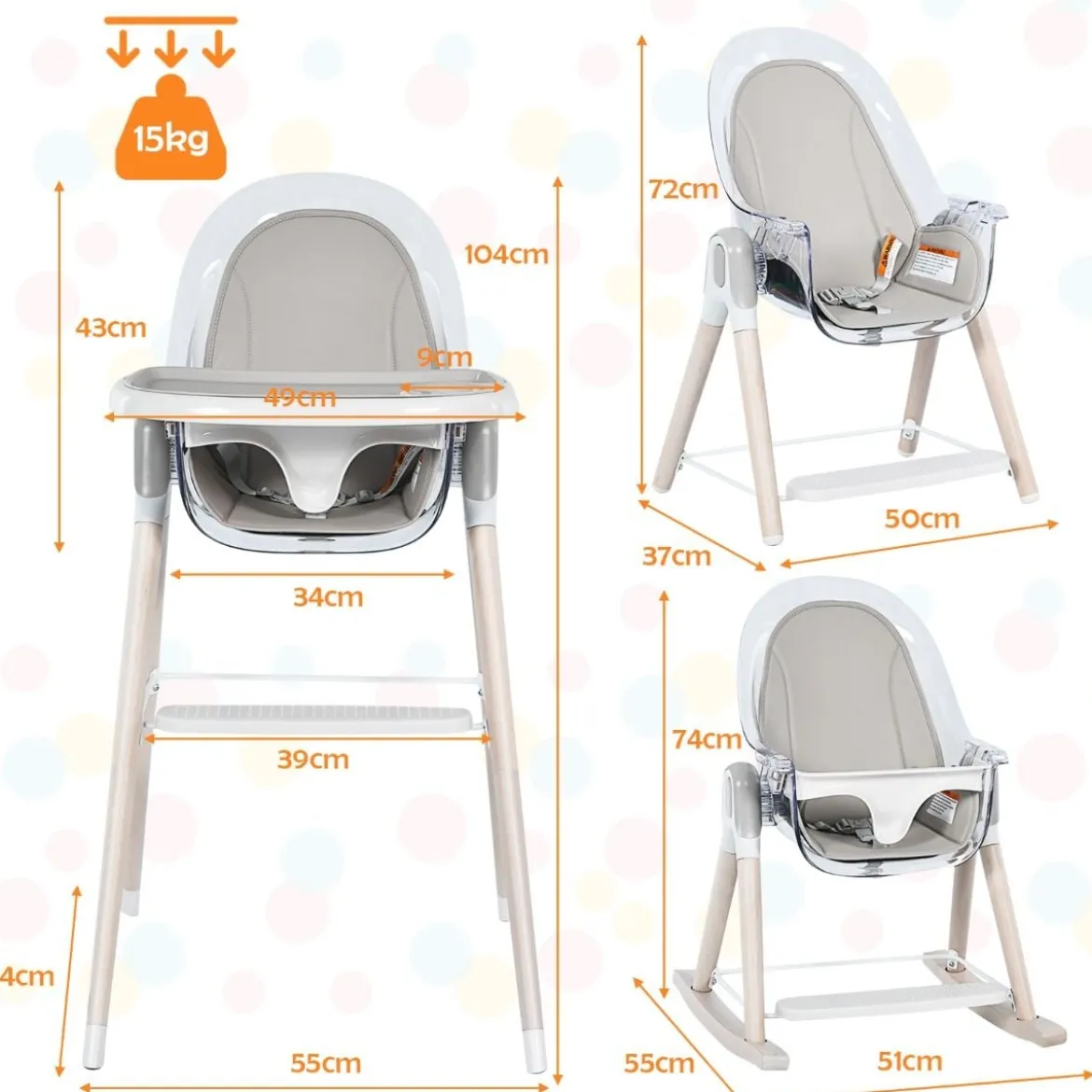 3 in 1 Babyhochstuhl mit Fußstütze Hochstuhl & Schaukelstuhl & Kinderhocker höhenverstellbar Kombihochstuhl Grau