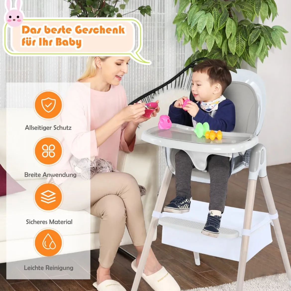 3 in 1 Babyhochstuhl mit Fußstütze Hochstuhl & Schaukelstuhl & Kinderhocker höhenverstellbar Kombihochstuhl Grau