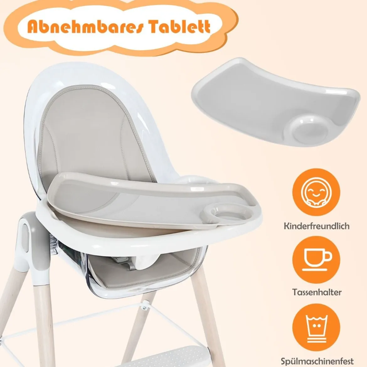 3 in 1 Babyhochstuhl mit Fußstütze Hochstuhl & Schaukelstuhl & Kinderhocker höhenverstellbar Kombihochstuhl Grau