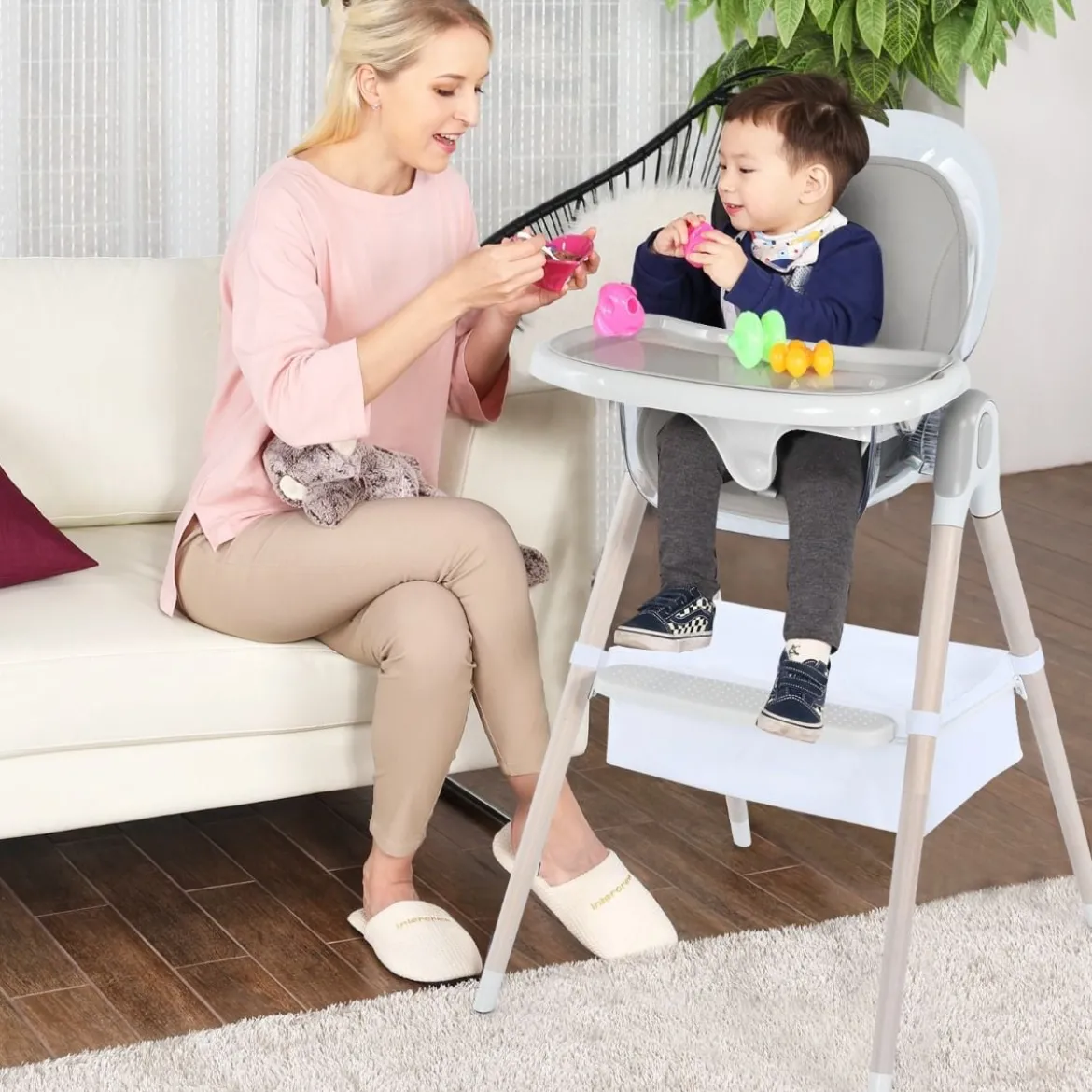 3 in 1 Babyhochstuhl mit Fußstütze Hochstuhl & Schaukelstuhl & Kinderhocker höhenverstellbar Kombihochstuhl Grau