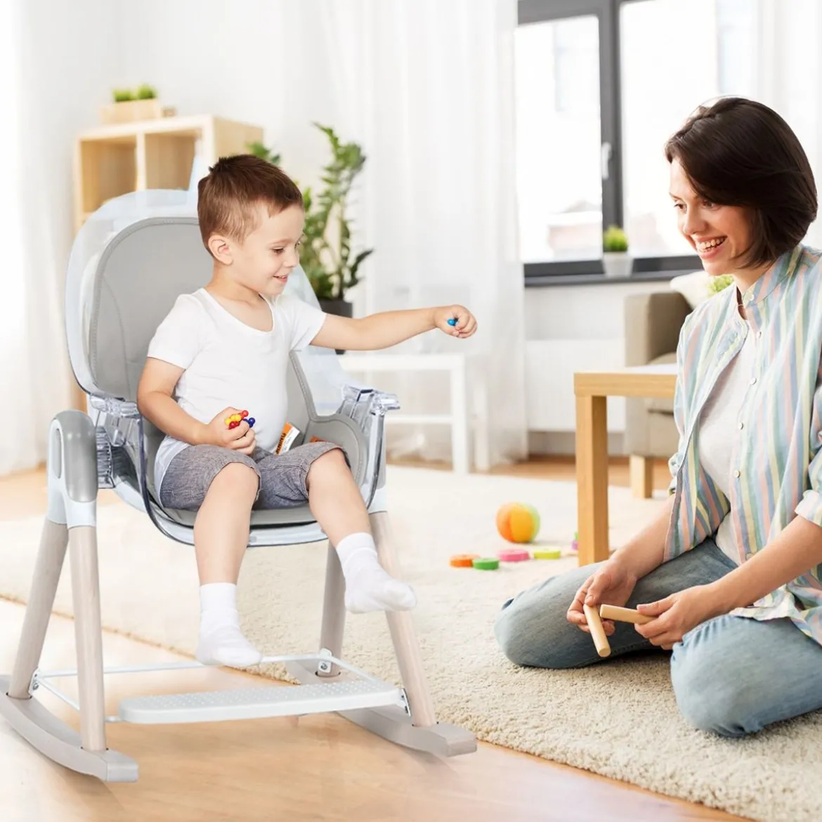 3 in 1 Babyhochstuhl mit Fußstütze Hochstuhl & Schaukelstuhl & Kinderhocker höhenverstellbar Kombihochstuhl Grau