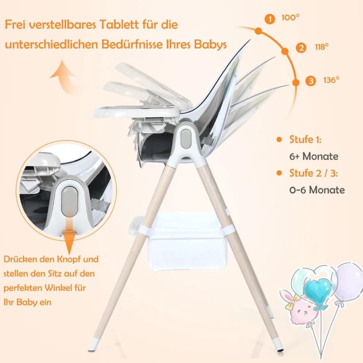 3 in 1 Babyhochstuhl mit Fußstütze Hochstuhl & Schaukelstuhl & Kinderhocker höhenverstellbar Kombihochstuhl Grau