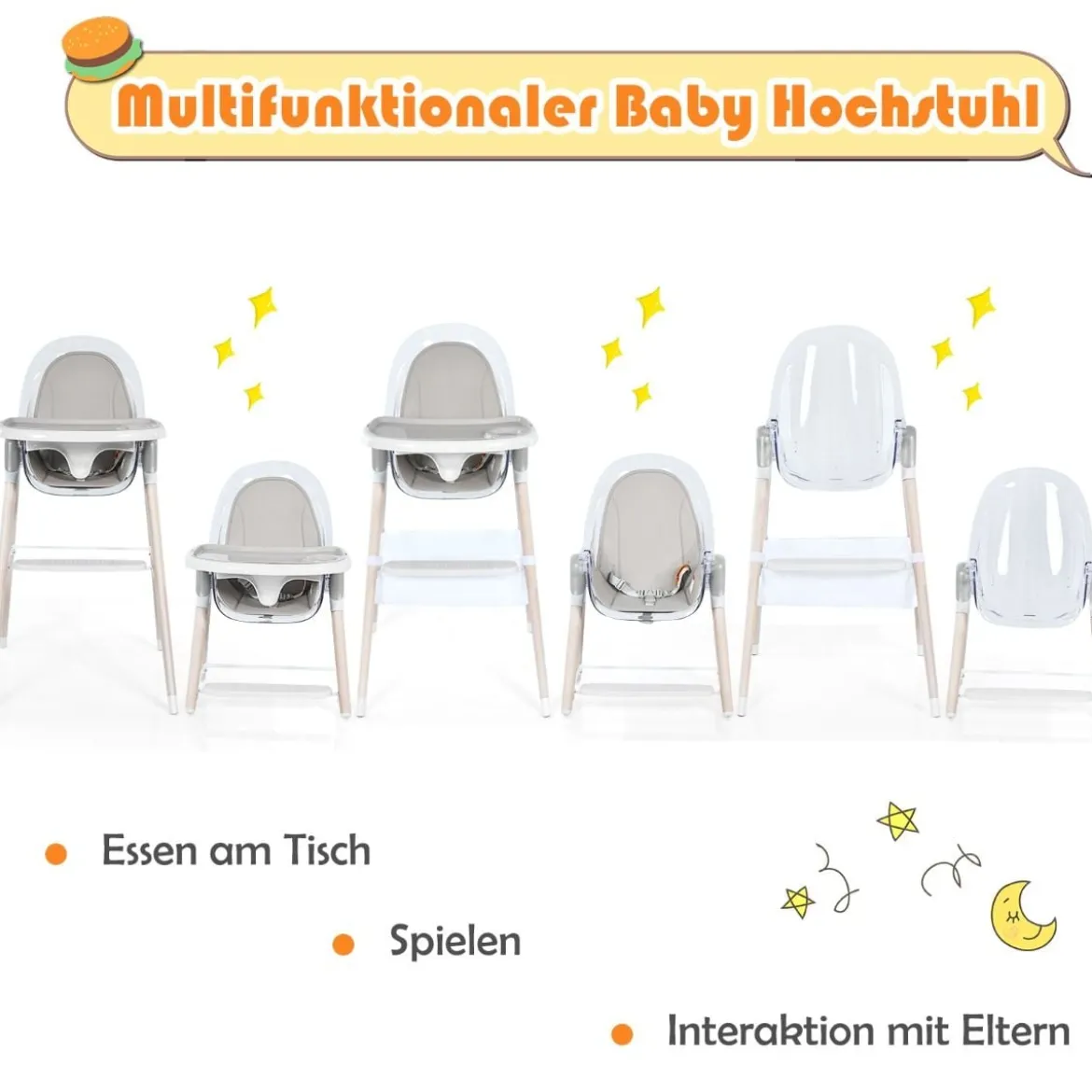 3 in 1 Babyhochstuhl mit Fußstütze Hochstuhl & Schaukelstuhl & Kinderhocker höhenverstellbar Kombihochstuhl Grau