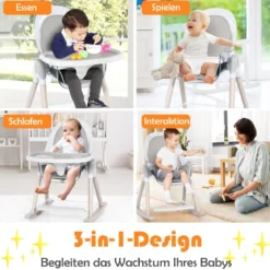 3 in 1 Babyhochstuhl mit Fußstütze Hochstuhl & Schaukelstuhl & Kinderhocker höhenverstellbar Kombihochstuhl Grau