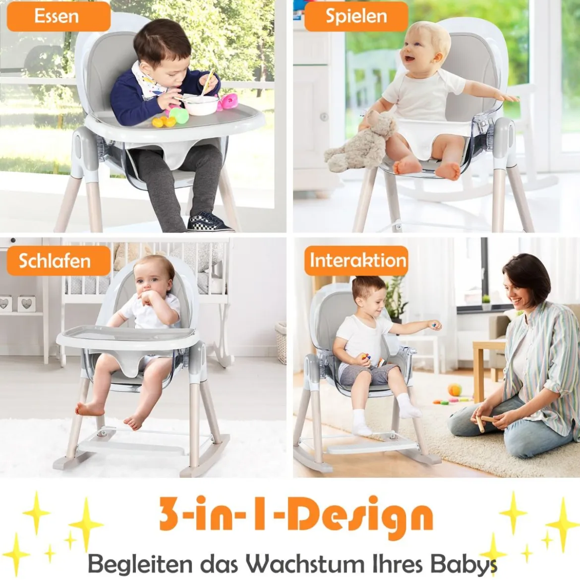 3 in 1 Babyhochstuhl mit Fußstütze Hochstuhl & Schaukelstuhl & Kinderhocker höhenverstellbar Kombihochstuhl Grau