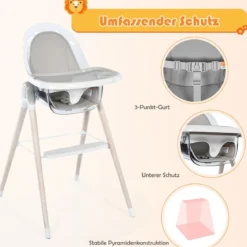 3 in 1 Babyhochstuhl mit Fußstütze Hochstuhl & Schaukelstuhl & Kinderhocker höhenverstellbar Kombihochstuhl Grau