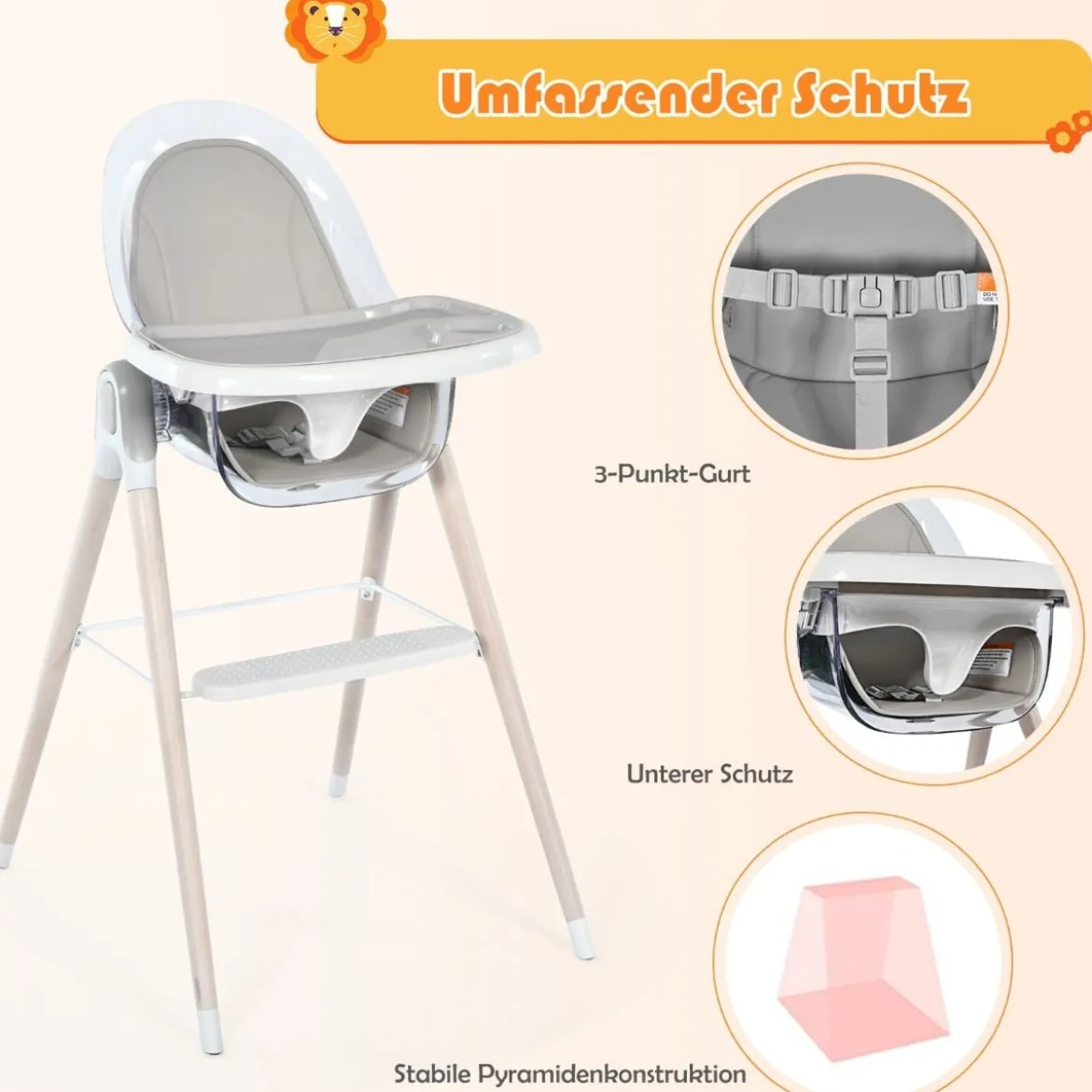3 in 1 Babyhochstuhl mit Fußstütze Hochstuhl & Schaukelstuhl & Kinderhocker höhenverstellbar Kombihochstuhl Grau
