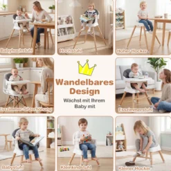 8 in 1 Baby Hochstuhl mit PU Kissen & 5 Punkt Gurt & Fußstütze & Abnehmbare Tablett Babystuhl