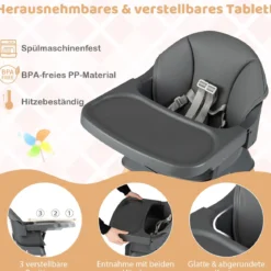 9 in 1 Baby Hochstuhl mit Sitzerhöhung & Abnehmbarem Tablett & Sicherheitsgurt Dunkelgrau