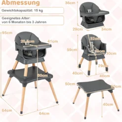 9 in 1 Baby Hochstuhl mit Sitzerhöhung & Abnehmbarem Tablett & Sicherheitsgurt Dunkelgrau