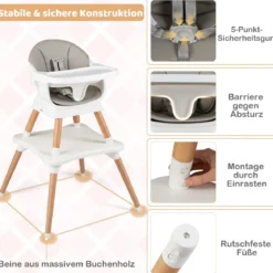 9 in 1 Baby Hochstuhl mit Sitzerhöhung & Abnehmbarem Tablett & Sicherheitsgurt Grau