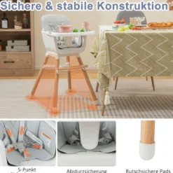 6 in 1 Babyhochstuhl mit Verstellbaren Beinen & Abnehmbarem Doppeltablett & Sicherheitsgurt Grau