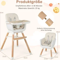 6 in 1 Babyhochstuhl mit Verstellbaren Beinen & Abnehmbarem Doppeltablett & Sicherheitsgurt Beige