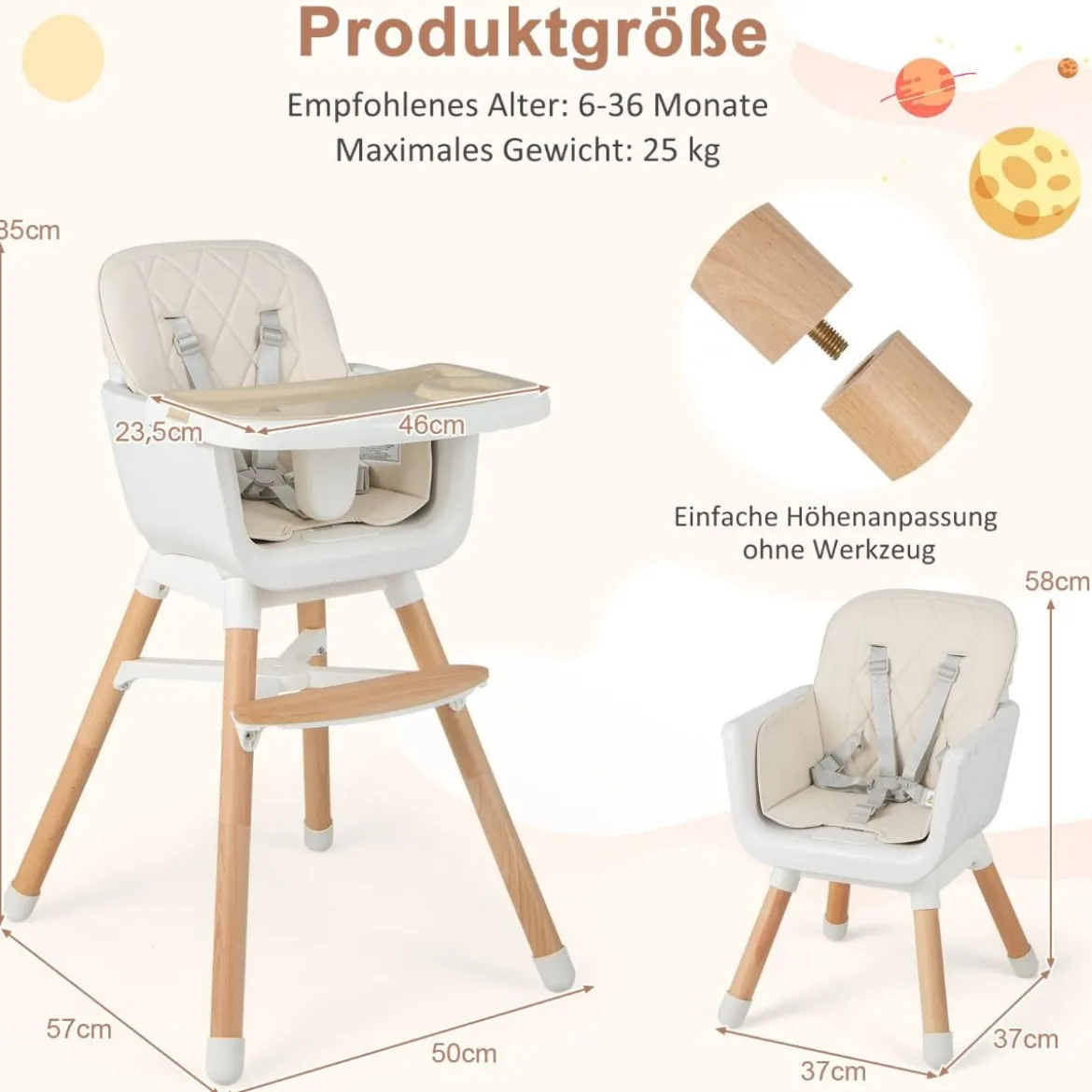 6 in 1 Babyhochstuhl mit Verstellbaren Beinen & Abnehmbarem Doppeltablett & Sicherheitsgurt Beige