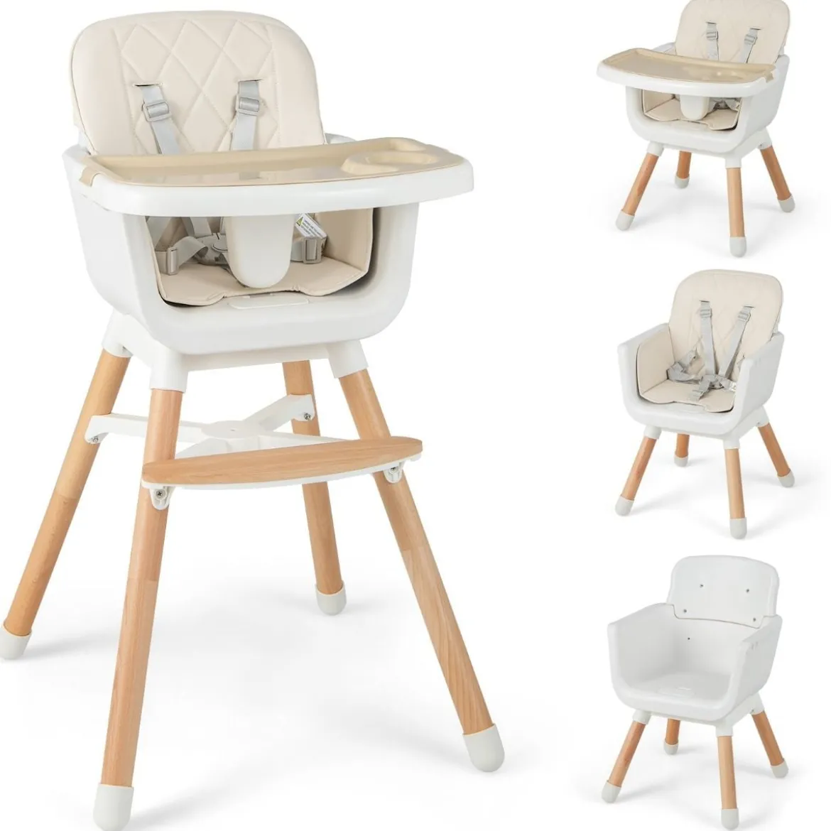 6 in 1 Babyhochstuhl mit Verstellbaren Beinen & Abnehmbarem Doppeltablett & Sicherheitsgurt Beige