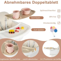 6 in 1 Babyhochstuhl mit Verstellbaren Beinen & Abnehmbarem Doppeltablett & Sicherheitsgurt Beige