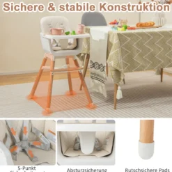 6 in 1 Babyhochstuhl mit Verstellbaren Beinen & Abnehmbarem Doppeltablett & Sicherheitsgurt Beige