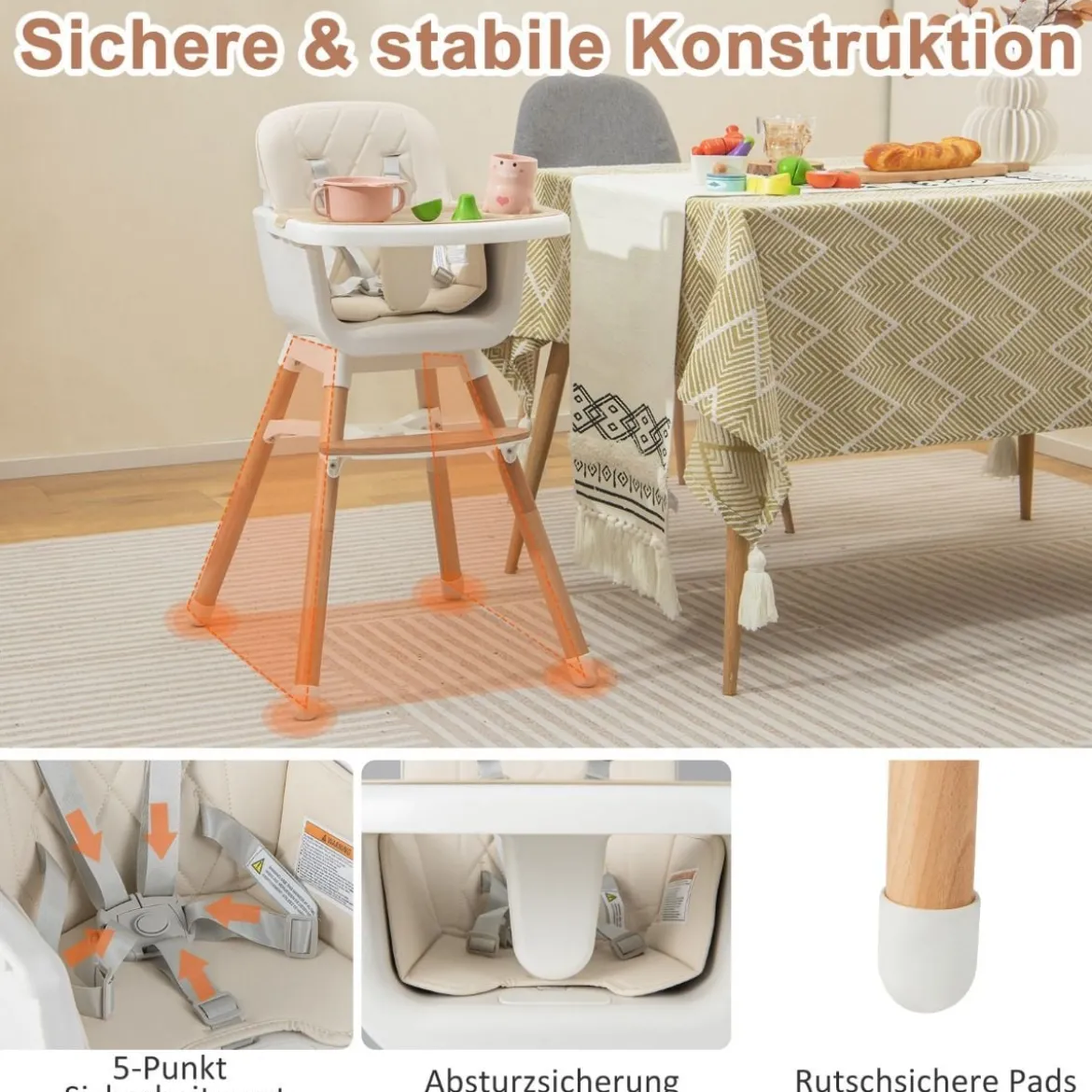 6 in 1 Babyhochstuhl mit Verstellbaren Beinen & Abnehmbarem Doppeltablett & Sicherheitsgurt Beige