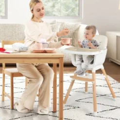 6 in 1 Babyhochstuhl mit Verstellbaren Beinen & Abnehmbarem Doppeltablett & Sicherheitsgurt Beige